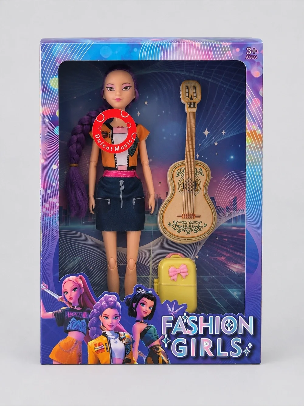 Purple-Haired Music Doll with Guitar and Yellow Backpack